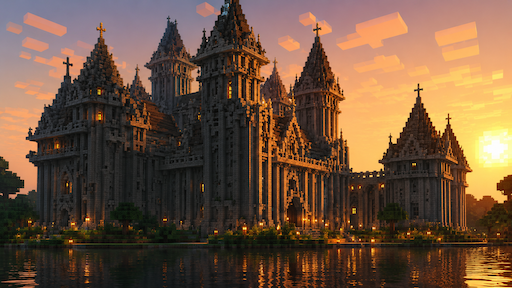 Minecraft castle at sunset