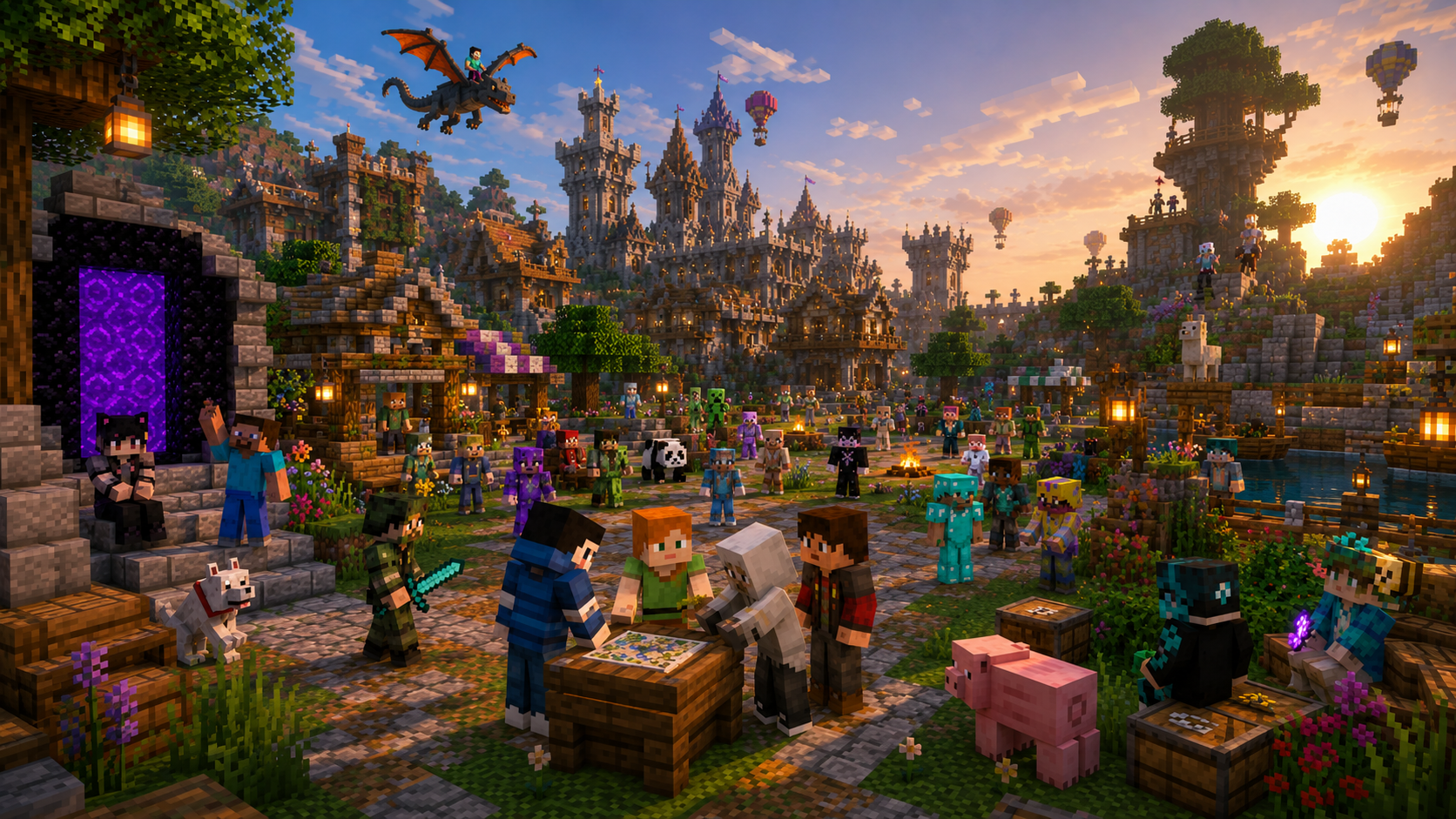 Minecraft players gathering in a village at sunset